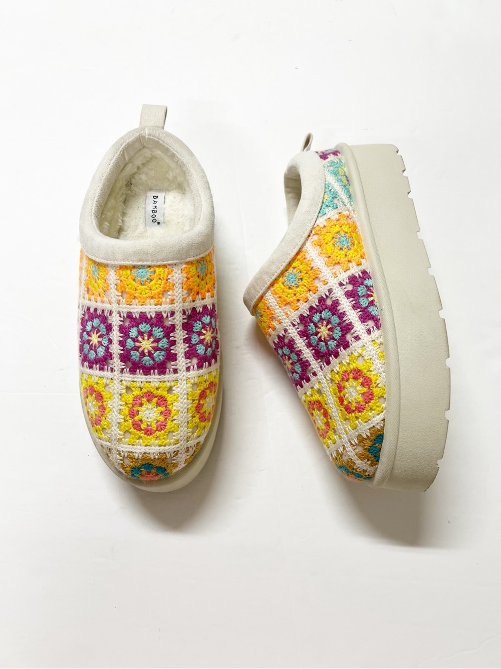 Bamboo Womens Frosty Cream Multicolor Crochet Patchwork Slide Platform Slippers